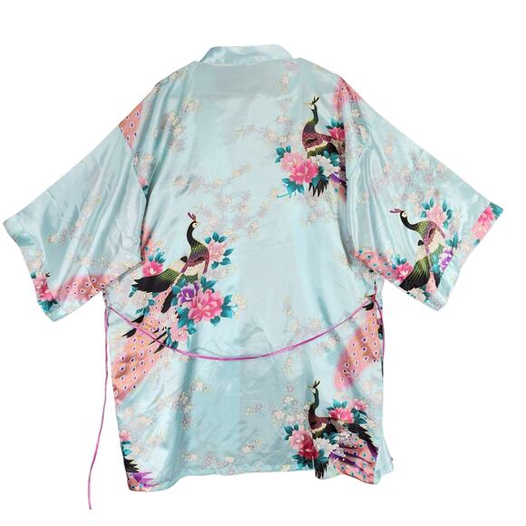 Kimono Robe OS Women Short Light Blue Pink Peach Purple Peacocks Flowers Silky - Picture 3 of 8